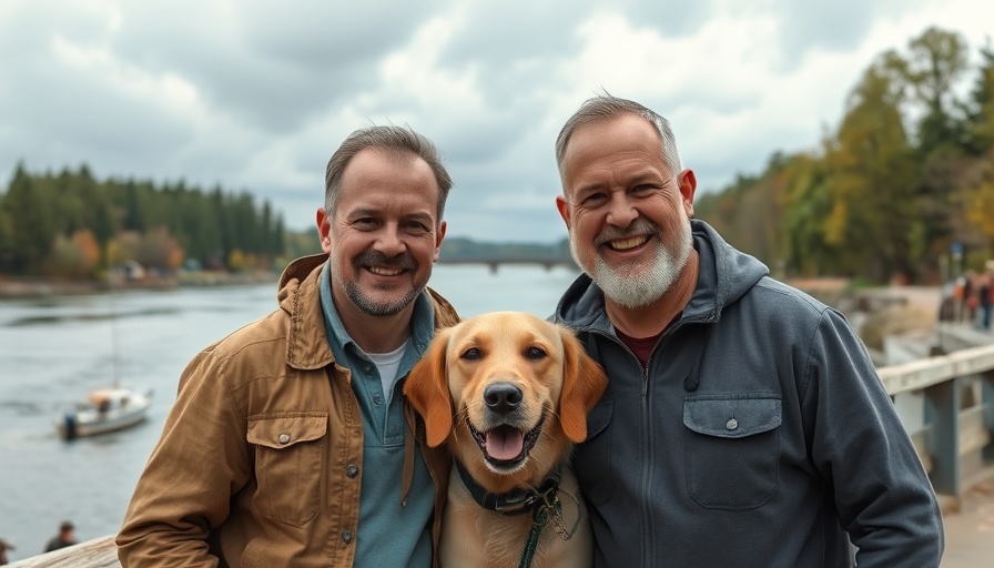 Two men and a dog near Inwood's nature-filled waterfront, smiling outdoors.