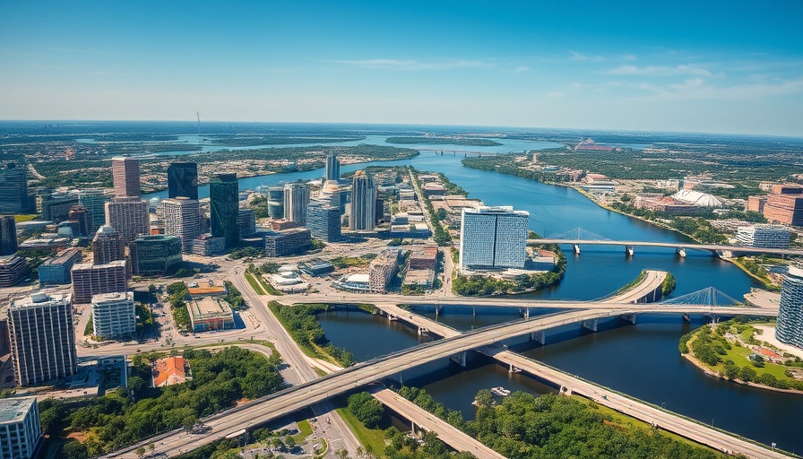 Aerial view of Jacksonville cityscape with skyline and bridges.