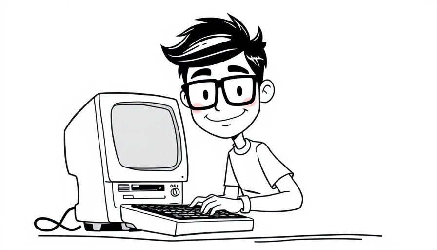 Cartoon of glasses-wearing person smiling at computer.