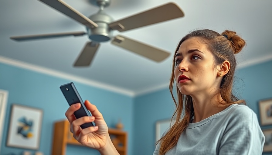 Woman checking ceiling fan in rental, detecting hidden cameras.