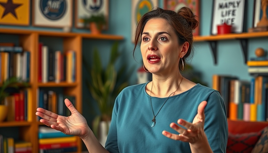 Engaged woman speaking in a colorful room about direct messages.