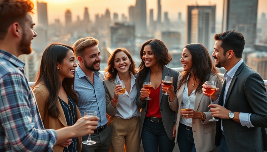 Diverse young professionals enjoying a rooftop gathering.