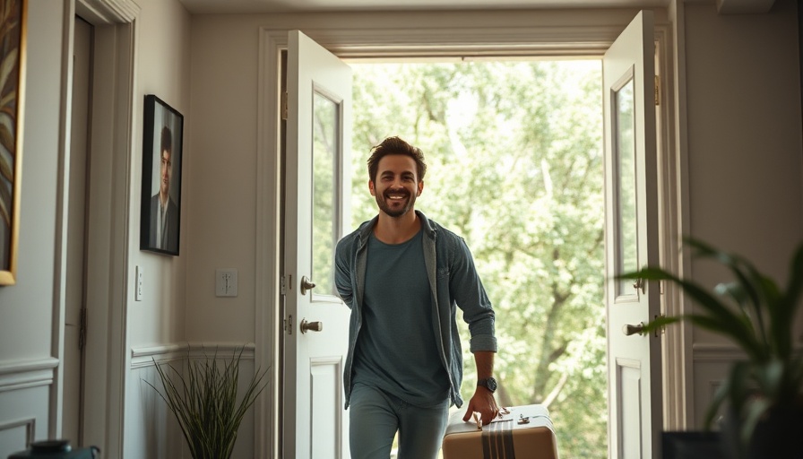 Airbnb success story: Young man excitedly enters new tiny home.