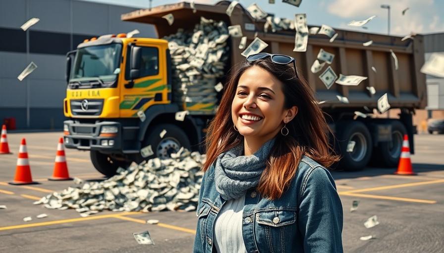Woman in front of truck dumping money, franchising opportunities for investors.