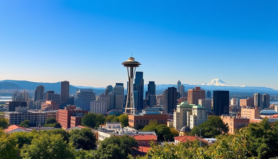 Seattle cityscape with Space Needle and Mount Rainier backdrop.