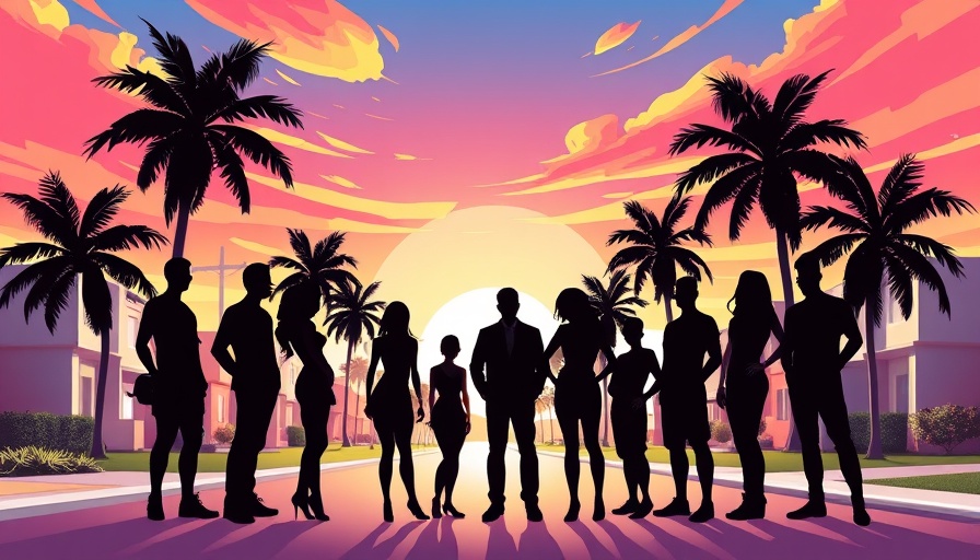 Stylized group in Florida tropical suburb, vibrant colors, modern art.