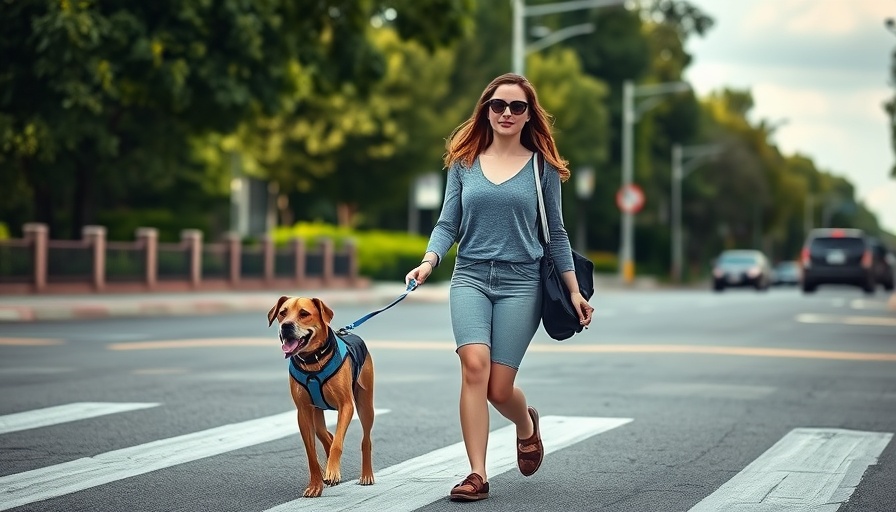 Young woman with emotional support dog crossing street in sunlight