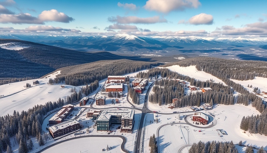 Aerial view of snowy mountain town showing vacation homes and ski slopes.