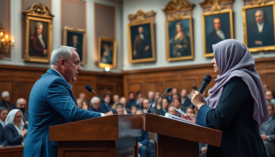 Debate on immigration controversy with man in blue suit and woman in hijab.