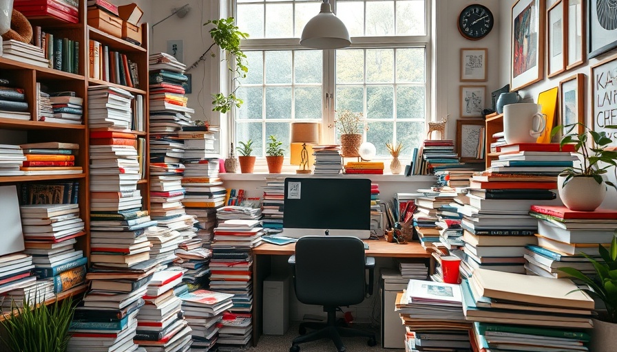 Messy, colorful home office with personal touches and vibrant decor.