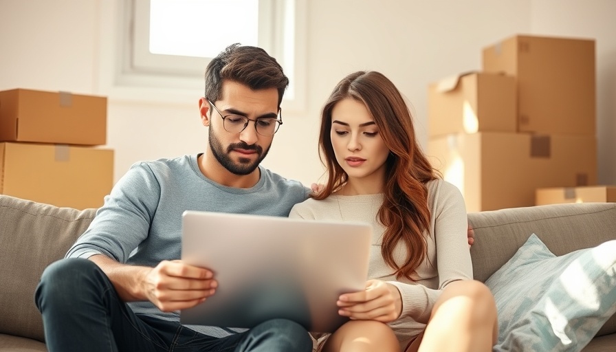 Couple reviewing home offer details with moving boxes nearby, assessing red flags.