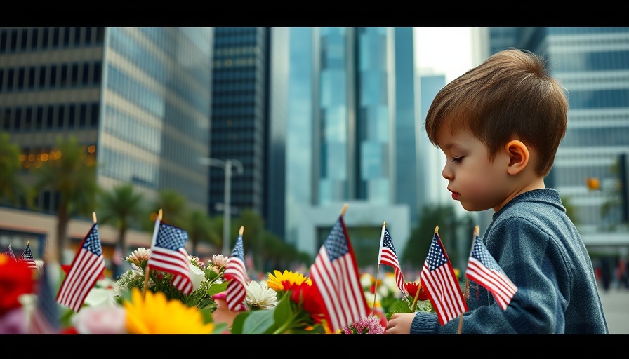 Young child at memorial with flowers and flags, urban setting.