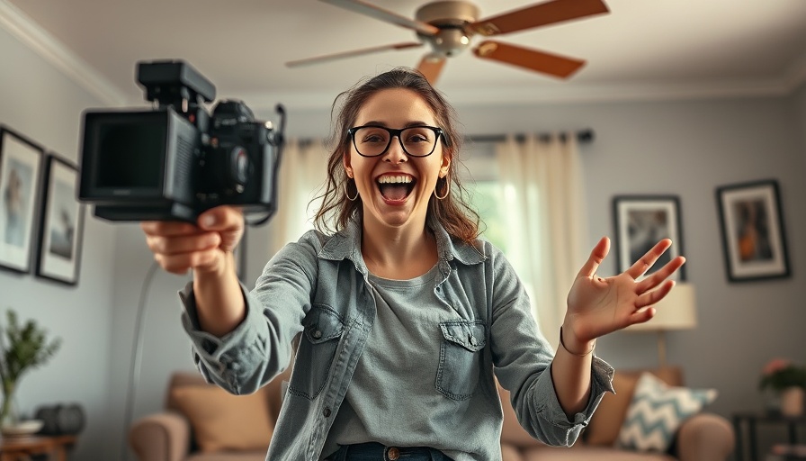 Woman in casual outfit preparing to record a video in cozy living room.