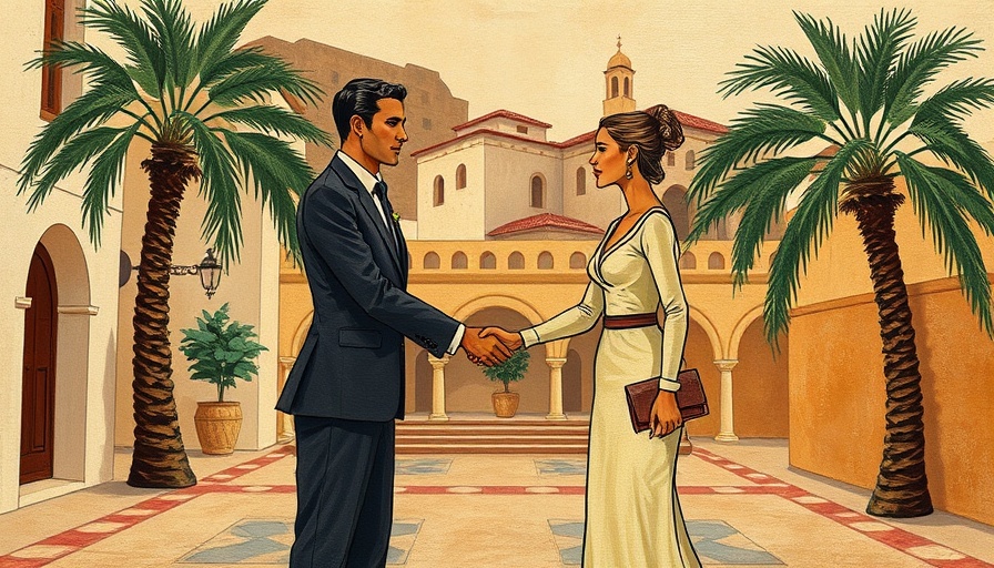 Stylized figures shaking hands in a Mediterranean setting, symbolizing leadership in luxury real estate market.