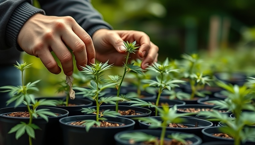 Hands tending to cannabis plants in pots outdoors.