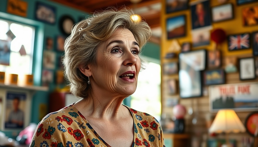 Middle-aged woman maximizing video content impact in a colorful room