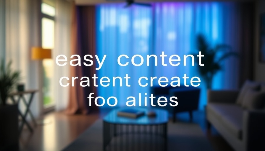Motivational text overlay on a blurred interior background about content creation.