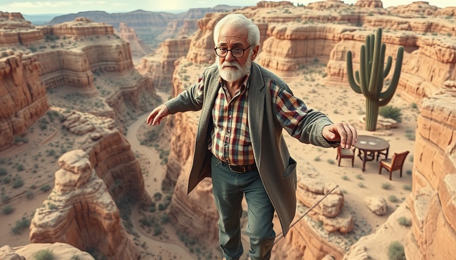 Surreal retirement confidence illustration, man balancing on tightrope in 2025