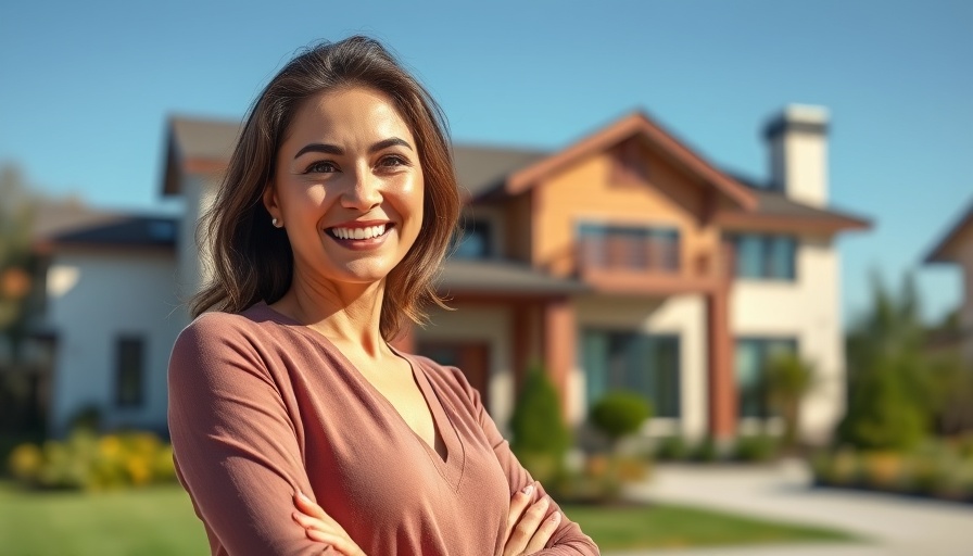 Woman promoting affordable properties for investment in front of a house.