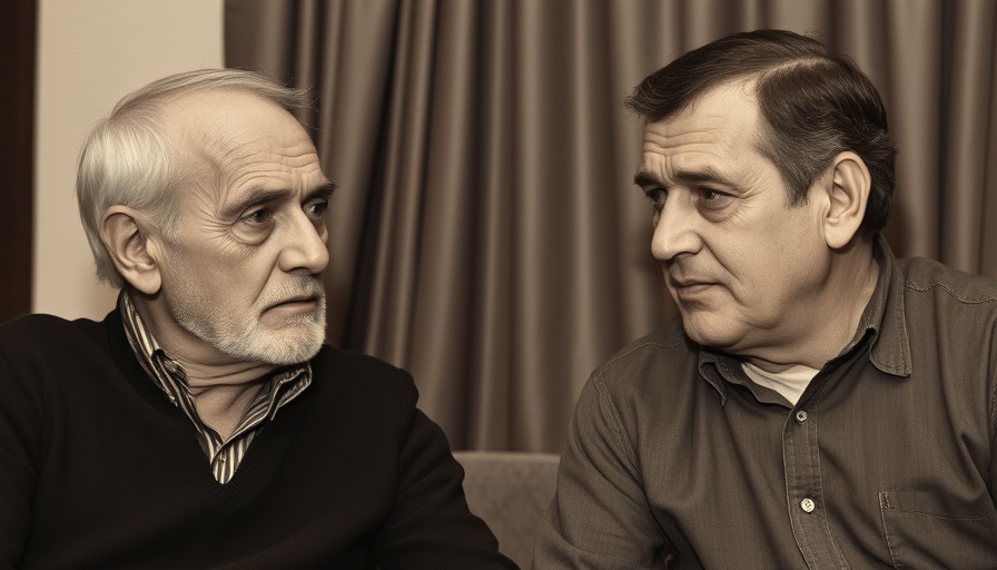 Black and white photo of two men having a serious conversation.