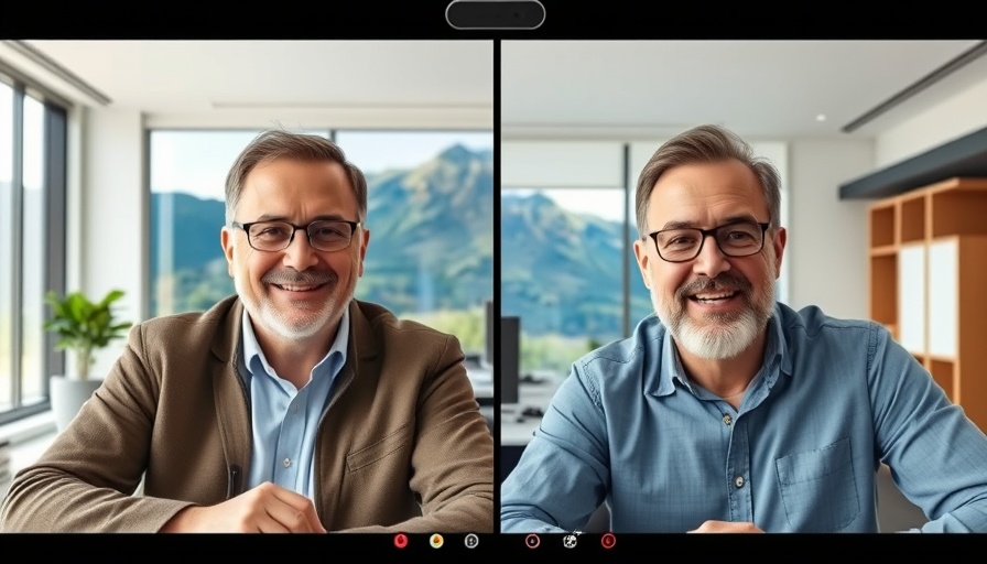 Two men discussing in a video call with scenic and office backgrounds.