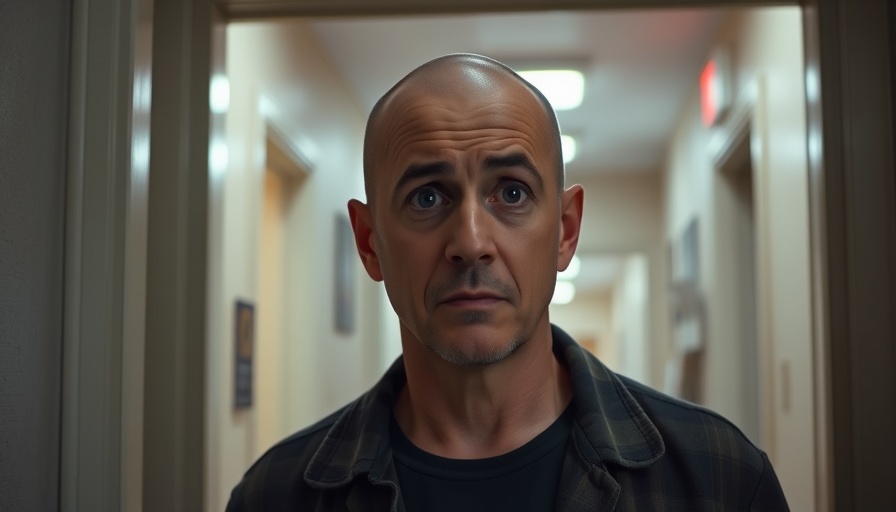 Confused man confronting in apartment hallway, highlighting neighbor harassment resolution.