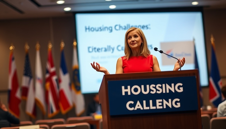 Confident speaker discusses housing challenges at conference.