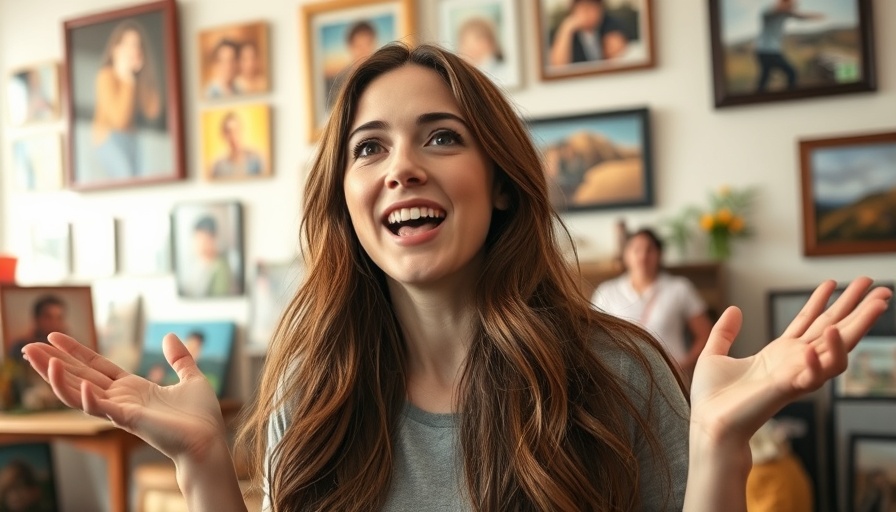 The power of your email list: Woman engagingly presenting in a colorful room.