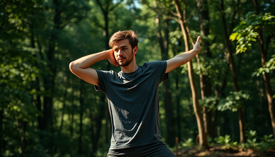 Young man stretching outside in forest setting during project work.