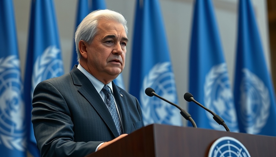 UN General Assembly Global Cooperation: Speaker at UN podium with flag.