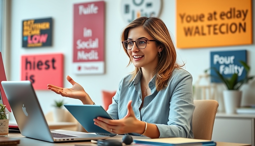 Professional woman sharing a social media tip for realtors in a vibrant office.