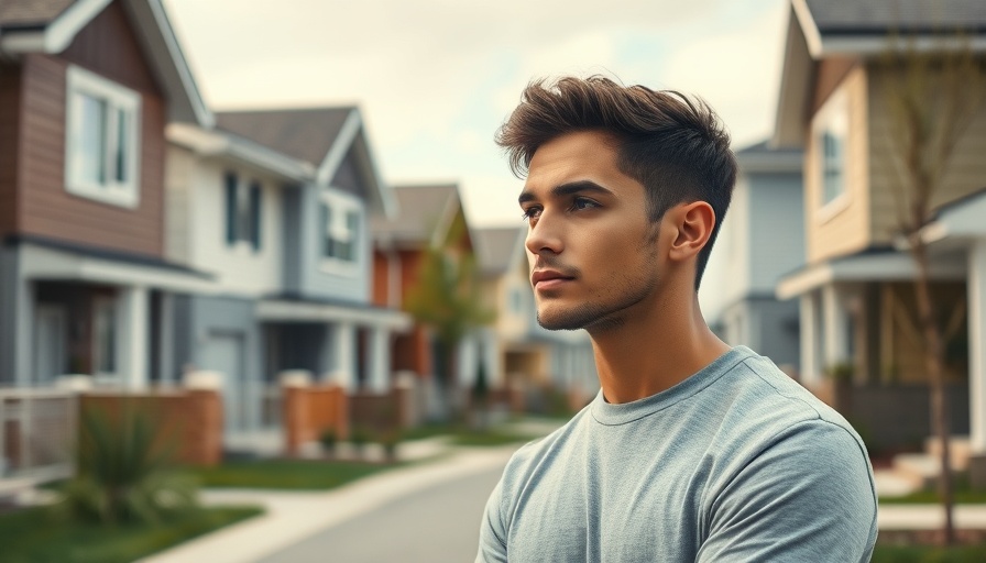 Buy rental property now - young man pondering investment in suburban neighborhood.