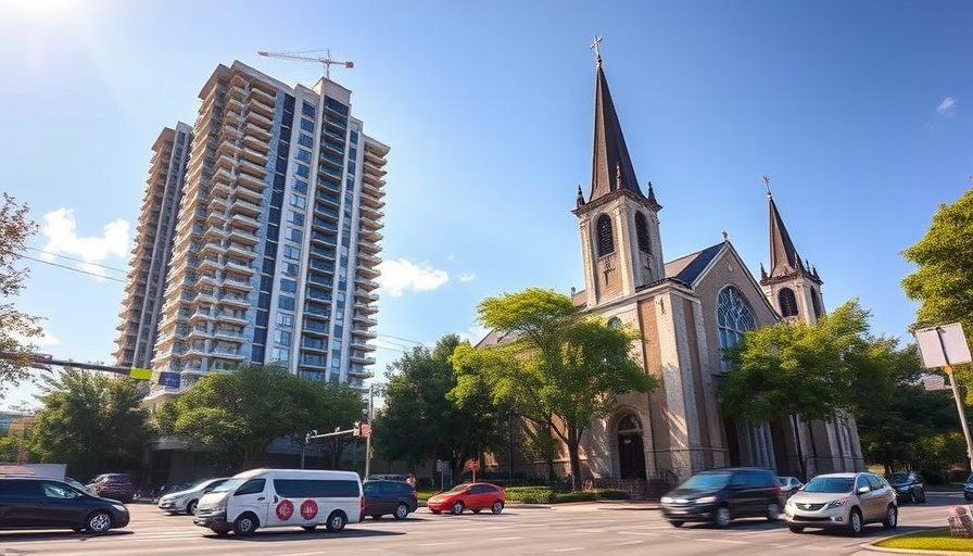 Modern condo and historic church in NYC urban landscape.