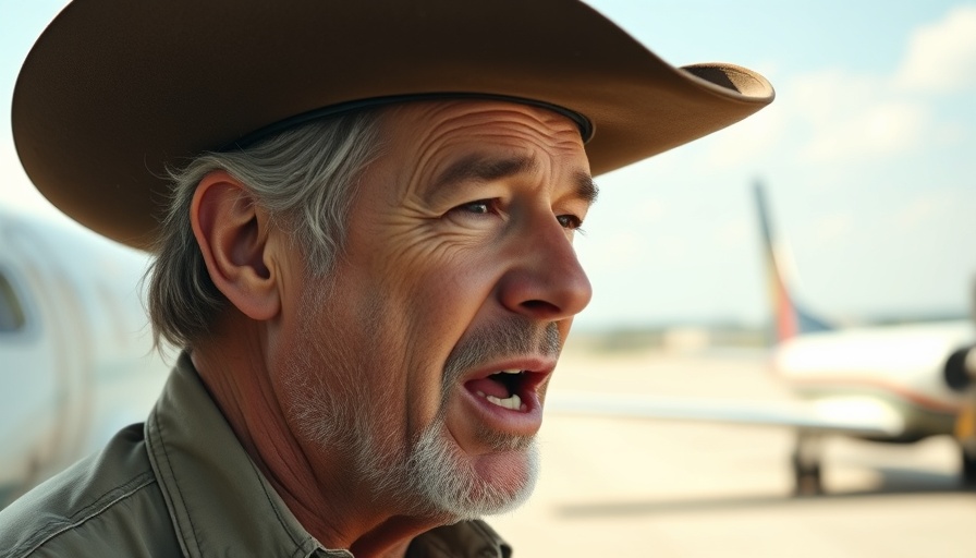 Middle-aged man in cowboy hat at airport, buy land to drill oil.