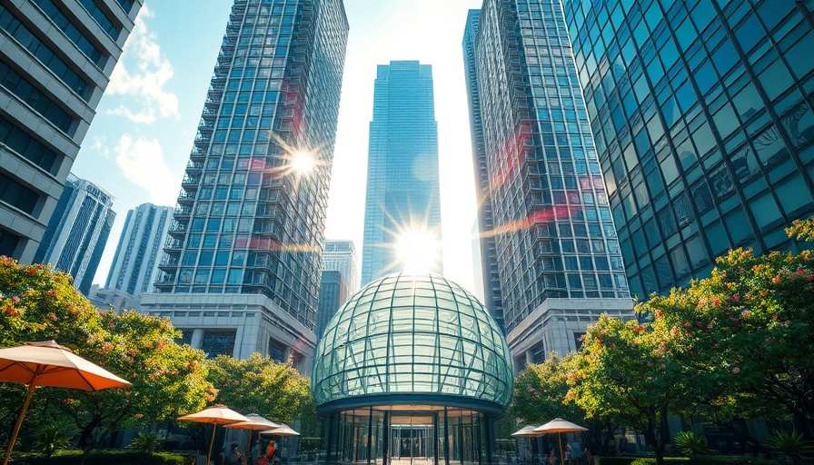 View of skyscrapers and glass dome in an NYC neighborhood.
