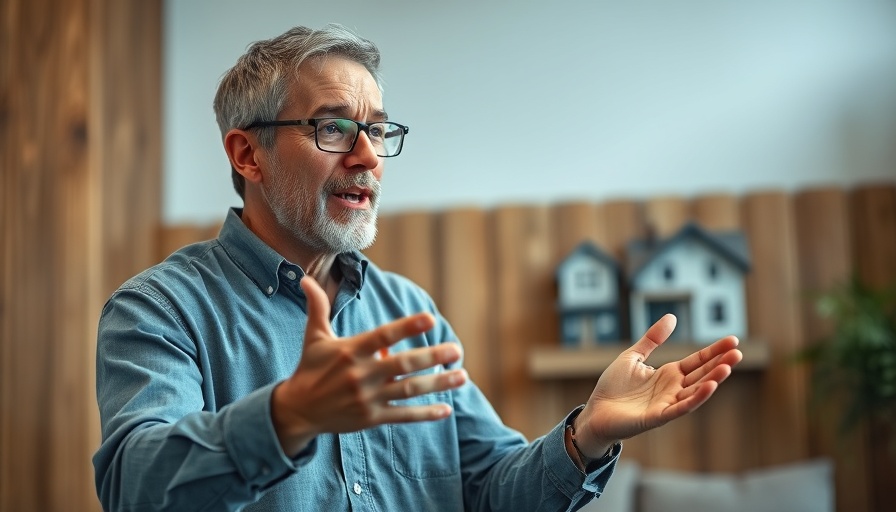 Middle-aged man discussing new to real estate, expressive gesture.