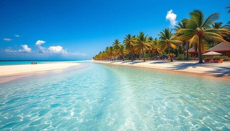 Tropical beach scene highlighting Sandals last minute deals.