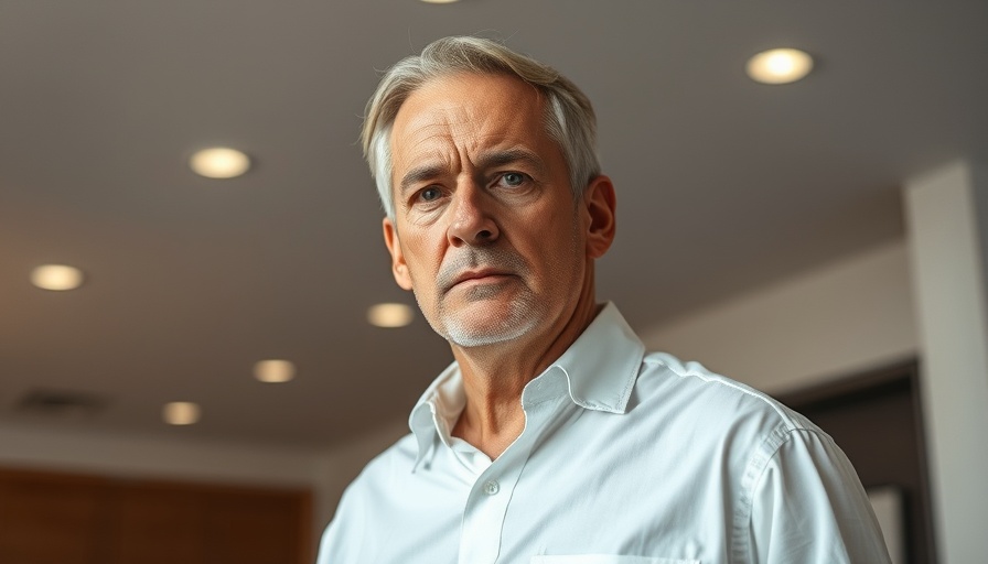Portrait of middle-aged man indoors, serious expression.