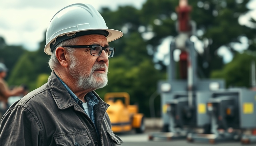 Man in hard hat outside oil site discussing work.