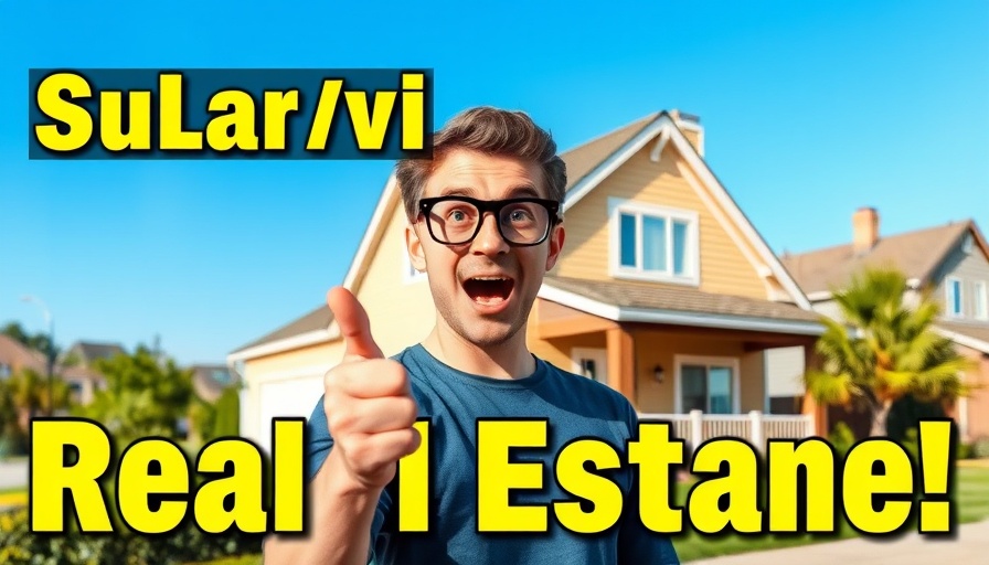 Young man surprised next to suburban house, real estate graphic.