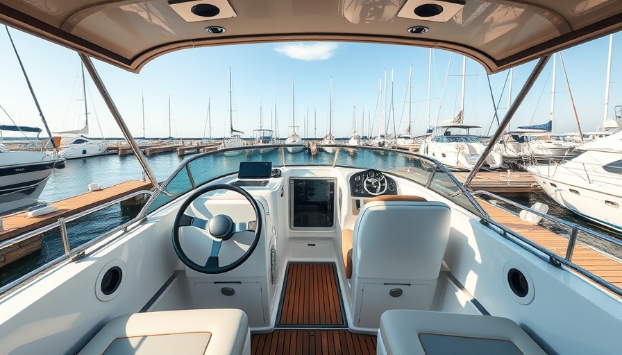 Discover Jensen’s Marina boat cockpit scene on a sunny day.