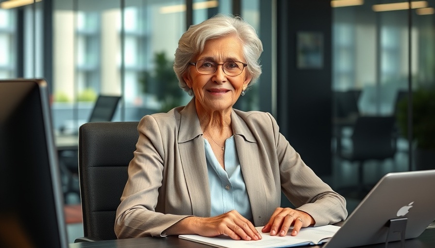 Elderly woman seated in a modern office, celebrating Edwards family 100th anniversary in real estate.