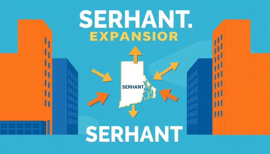 SERHANT. Rhode Island expansion illustration with arrows and buildings.