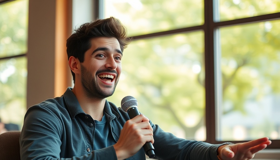 Young man discussing topic indoors with microphone, natural light.