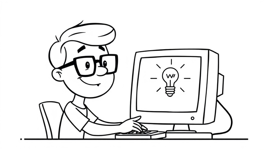 Cartoon of a smiling person with glasses looking at a computer screen.