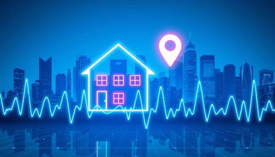Futuristic real estate technology 2025 with neon icons and cityscape.