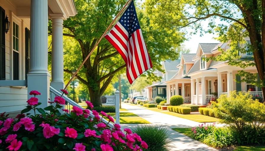 Suburban neighborhood with American flag, vibrant plants, 2025 housing market.