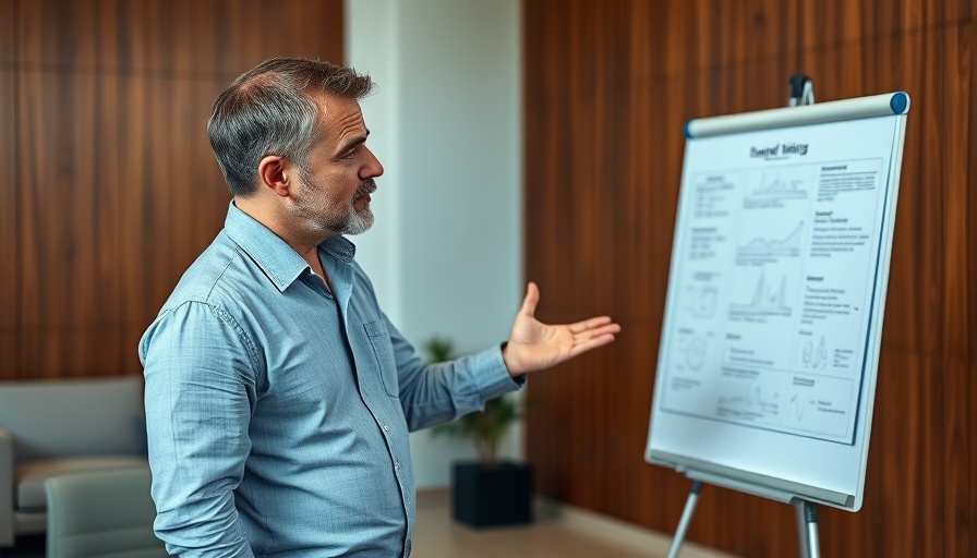 Man presenting business strategy on flipchart, indoor office lighting.