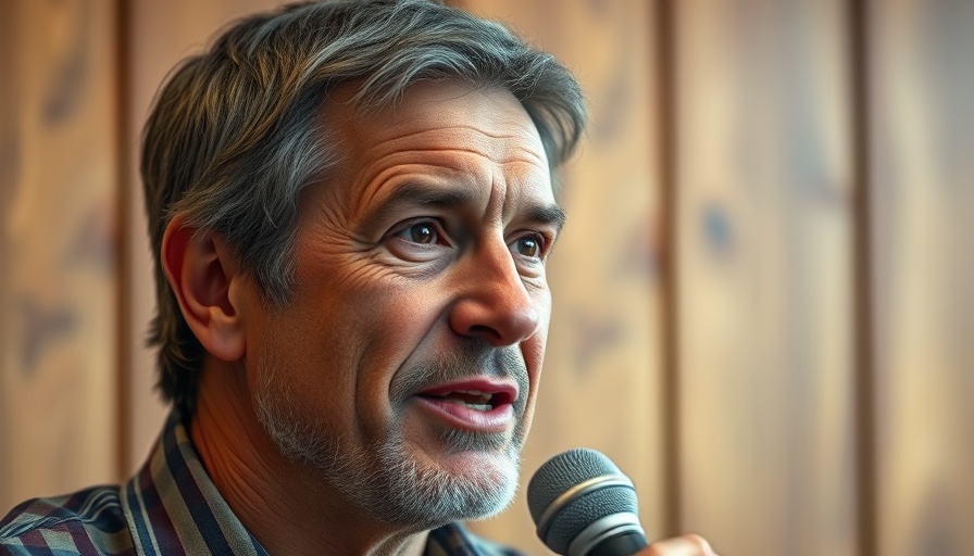 Middle-aged man speaking into microphone with wooden panel background.