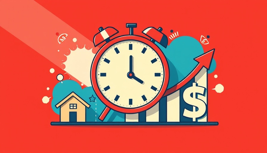 Retro infographic on pending home sales with clock and house icons.